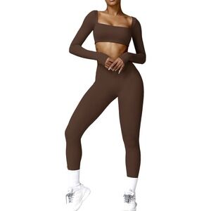 NWT AGYMNX Sz Medium Women's BROWN 2 Pc LongSleeve Workout Set Crop Top Leggings